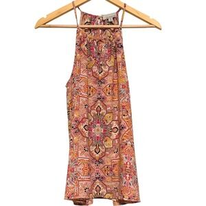 Allison Joy Halter Top Women M Pink Geometric Medallion Boho Sleeveless Blouse